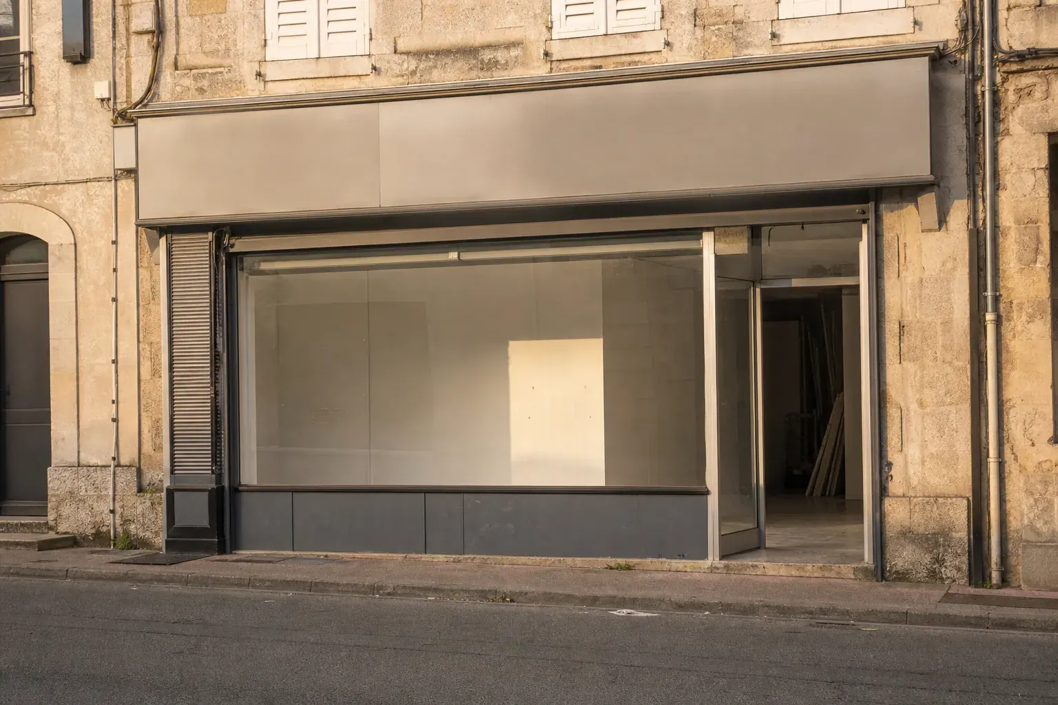 Façade d'un local professionnel avec vitrine, rideau métallique, enseigne et accès à la réserve